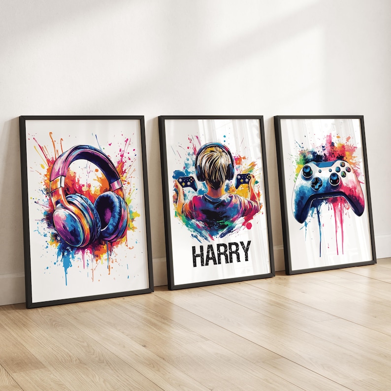 Personalised Gaming Wall Art Prints, Personalised Gaming Prints, Boys Bedroom Decor, Kid Bedroom Gamer Decor, Games Room Gaming Gift for Boy PS - Brown Hair