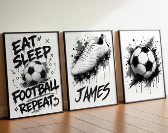 Personalised Football Graffiti Wall Art Set of 3 Prints, Boys Room Decor, Footballer Gift