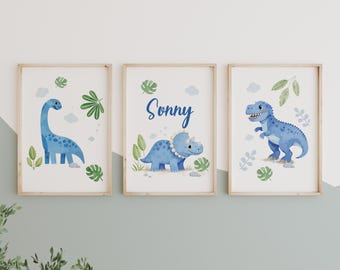 Personalised Set of 3 Dinosaur Art Prints, Blue Dinosaur Wall Art, Nursery Dinosaur Prints, Boys Room Dinosaur Decor, T-Rex Prints