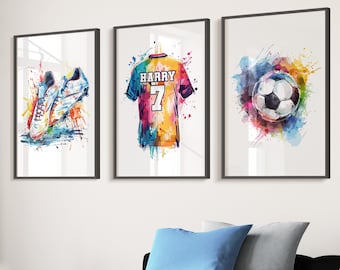 Personalised Set of 3 Football Wall Art Prints,Boys Room Decor, Soccer Poster, Football Prints, Football Jersey, Custom Name Poster Digital