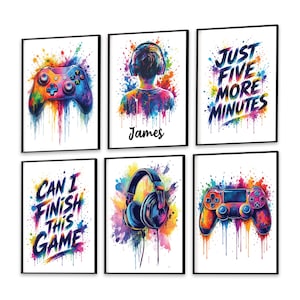 May include: A set of six rectangular wall art prints featuring vibrant watercolour splatter designs. The prints display gaming controllers, headphones, a person wearing headphones, and the text "JUST FIVE MORE MINUTES" and "CAN I FINISH THIS GAME".