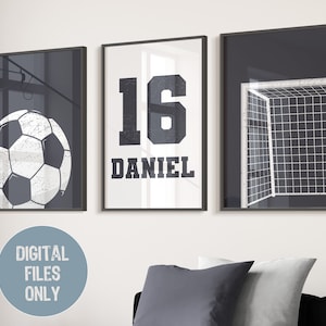 Arte de pared de fútbol, póster de fútbol, impresiones de fútbol, decoración de habitación de niños de la marina, impresiones de fútbol, póster de camiseta de fútbol, nombre personalizado, imprimible para guardería