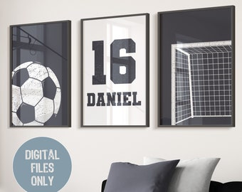 Arte de pared de fútbol, póster de fútbol, impresiones de fútbol, decoración de habitación de niños de la marina, impresiones de fútbol, póster de camiseta de fútbol, nombre personalizado, imprimible para guardería