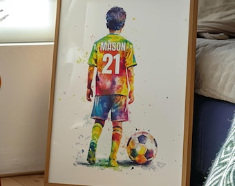 Impresión de fútbol personalizada, impresión de fútbol para dormitorio de niños, decoración de fútbol para dormitorio infantil, impresión de nombre de camiseta de fútbol, arte de pared para niños
