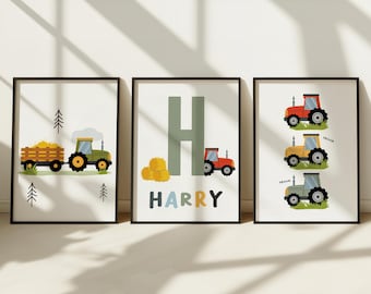 Juego de 3 impresiones de tractores para dormitorio de niños, impresiones de tractores, decoración de guardería para niños, arte de pared para habitación de niños pequeños, decoración personalizada para habitación de bebé niño