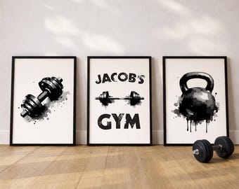 Decoración personalizada para gimnasio en casa, juego de 3 pósteres de gimnasio, pósteres de acuarela, póster de pesas para hombres, cuadro de fitness, obra de arte para gimnasio en casa.