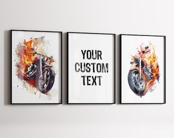 Set of 3 Motorcycle Prints, Personalised Motorbike Art, Your Custom Text, Biker Wall Art, Garage Man Cave Decor Gifts For Biker, Rider Art