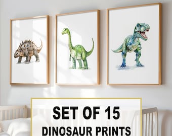 Juego de 15 impresiones de dinosaurios, arte de pared de dinosaurios en acuarela, decoración infantil imprimible, habitación de bebé niño, impresión de T-Rex, tema de dinosaurio, habitación de niño