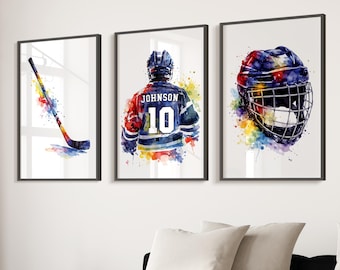 Personalized Hockey Print Set, Custom Jersey Number, Boys Room Decor, Male Hockey Player Print, Wall Art For Boys