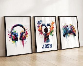 Láminas personalizadas de videojuegos para pared, regalo para niños gamers, juego de 3 láminas de videojuegos, arte de pared para sala de juegos, decoración de dormitorio para niños, póster para sala de juegos