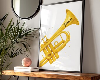 Personalised Trumpet Print Music Artwork Watercolour Trumpet Poster Wall Art for Musician Trumpet Player Trumpet Print For Boys Girls Room