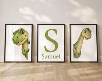 Personalised Dinosaur Prints, Set of 3 Dinosaur Posters, Watercolour Dinosaur Print, Dinosaur Wall Art, Peering T-Rex Brachiosaurus