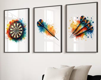 Juego de 3 impresiones artísticas de pared de dardos, póster de dardos de acuarela para cueva de hombre, regalos de dardos para hombres, regalos para jugadores de dardos, decoración de dormitorio de niños, arte de pared para niños