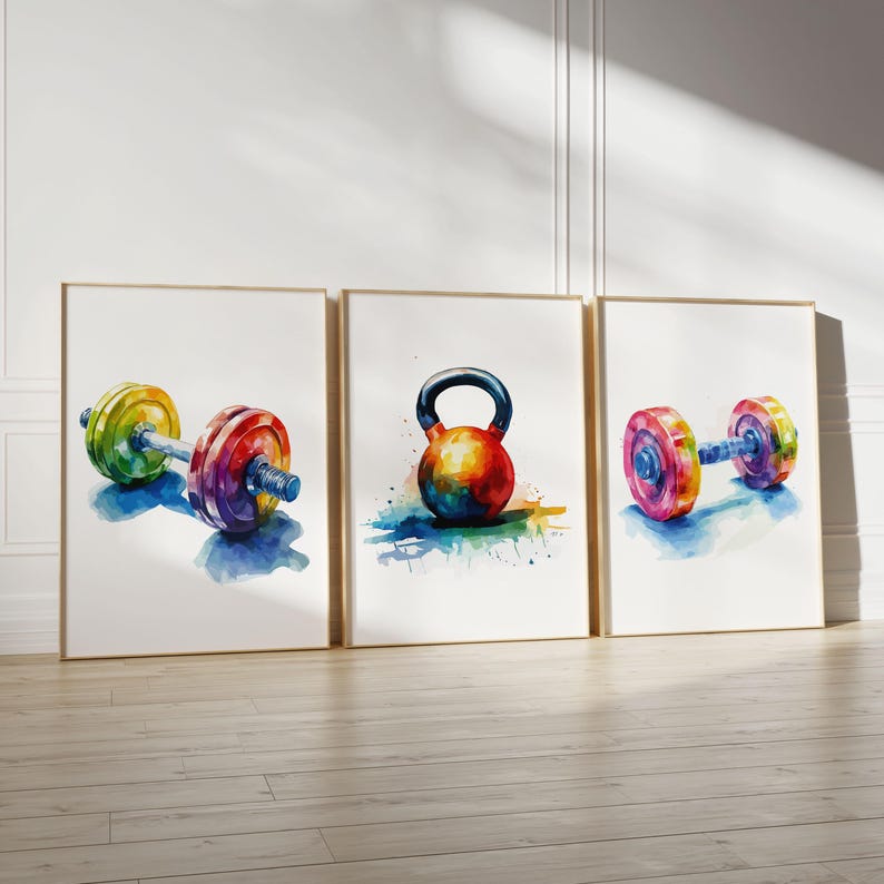 May include: Three watercolor paintings of gym equipment. The first painting shows a colorful dumbbell. The second painting shows a colorful kettlebell. The third painting shows a colorful dumbbell.