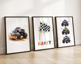 Monster Truck Posters Personalised Wall Art For Boys Bedroom Boys Nursery Prints Monster Truck Wall Art Truck Prints Boys Nursery Decor