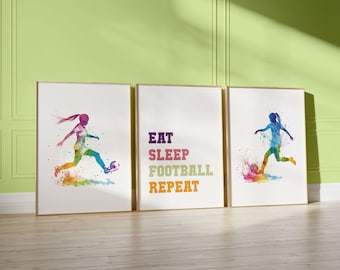 Football Prints for Girls, Set of 3 Prints, Girl Football Player Watercolour Art Print, Football Print, Football Room Decor, Football Decor