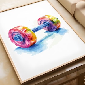 May include: A watercolor painting of a colorful dumbbell with a blue handle. The dumbbell is painted in shades of pink, yellow, orange, and green.