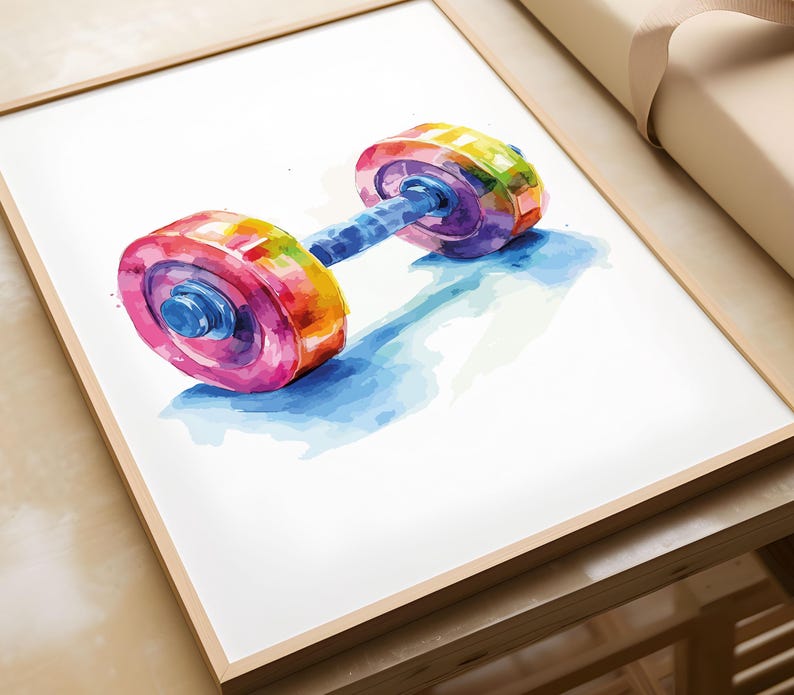 May include: A watercolor painting of a colorful dumbbell with a blue handle. The dumbbell is painted in shades of pink, yellow, orange, and green.