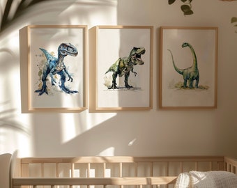 Láminas de dinosaurios, juego de 3 pósteres de dinosaurios, lámina de dinosaurio en acuarela, arte mural de dinosaurios, lámina de T-Rex, Velociraptor, Brachiosaurus, guardería