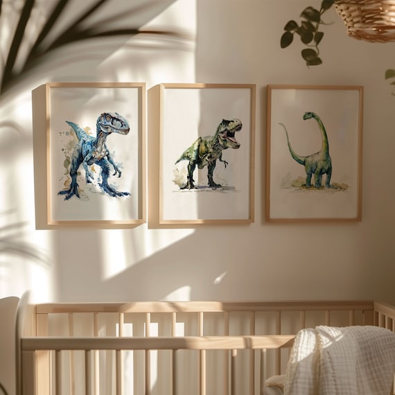 Dinosaur Prints, Set of 3 Dinosaur Posters, Watercolour Dinosaur Print, Dinosaur Wall Art, T-Rex Print, Velociraptor, Brachiosaurus, Nursery