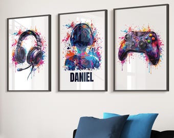 Personalised Gaming Wall Art Set of 3, Personalised Gaming Prints, Boys Bedroom Decor, Kid Bedroom Gamer Decor, Games Room, Gaming Gift Son