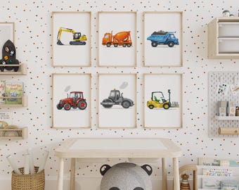 Láminas de vehículos de construcción, decoración de guardería infantil, 6 piezas de arte de pared de construcción, póster para habitación infantil