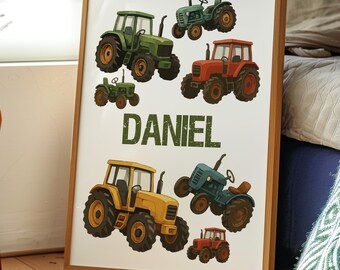 Personalised Tractor Wall Art Decor, Farmhouse Nursery Prints, Boys Bedroom Decor, Kids Nursery Wall Art, Tractor Wall Decor, Custom Name