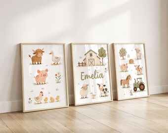 Láminas infantiles de animales de granja, arte de pared personalizado para habitaciones infantiles, decoración para salas de juegos.