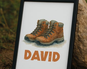 Póster personalizado de botas de senderismo con acuarela para senderismo, ideal como regalo para hombres y mujeres que buscan una cueva. Regalos para senderismo, decoración de dormitorio infantil, arte mural de senderismo.