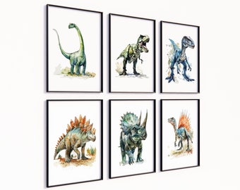 Juego de 6 láminas de dinosaurios, decoración de pared para galería infantil, láminas de dinosaurios para guardería, decoración de habitación infantil, láminas de T-Rex