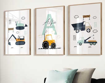 Juego de 3 láminas de transporte para guardería / regalo personalizado para bebé / vehículo tractor excavadora construcción guardería / póster para sala de juegos / habitación de niños hijo