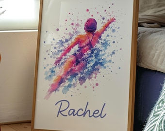 Personalised Swimmer Print, Girls Bedroom Art, Watercolour Swimming Poster