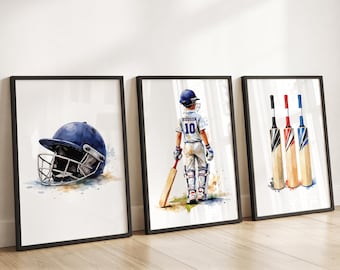 Personalised Cricket Poster Set of 3 Prints, Boys Bedroom Decor, Kids Room Wall Art, Cricketer Artwork, Teen Gifts