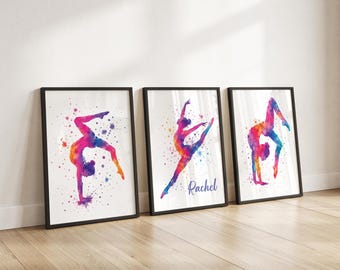 Set of 3 Personalised Gymnastics Prints, Watercolour Gymnastics Wall Art