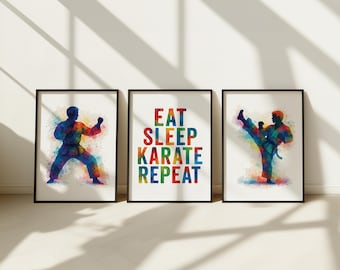 Juego de 3 pósteres de karate para pared, impresiones de karate en acuarela, decoración del hogar, imágenes de karate, arte de pared para niños amantes del karate.