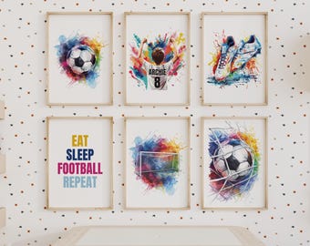 Juego personalizado de 6 impresiones de fútbol para pared, decoración de dormitorio infantil, decoración de fútbol, impresión de nombre de camiseta de fútbol