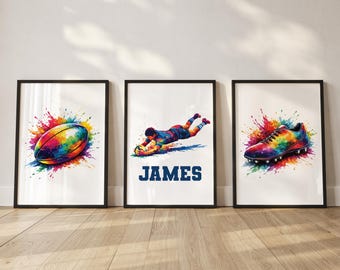 Juego de arte mural de rugby, impresiones personalizadas de rugby para dormitorio de niño, decoración de dormitorio de rugby, regalo de jugador de rugby para hijo, hermano, regalos de rugby