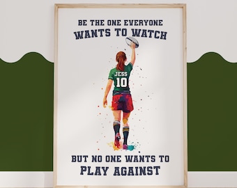 Personalised Rugby Player Watercolour Print, Girls Bedroom Decor, Female Rugby Print With Quote, Rugby Gifts