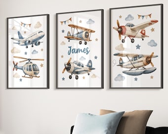 Personalised Aeroplane Wall Art Set of 3, Boys Nursery Prints, Aviation, Pilot Nursery Decor