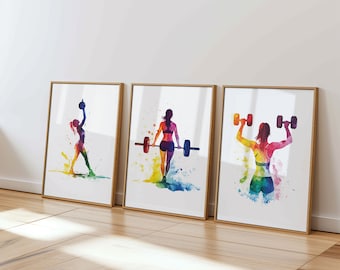 May include: Three watercolor paintings of women exercising. The first painting shows a woman lifting a kettlebell. The second painting shows a woman lifting a barbell. The third painting shows a woman lifting dumbbells.