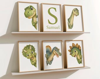 Set of 6 Dinosaur Prints, Kids Gallery Wall Art, Personalised Dinosaur Wall Art, Nursery Dinosaur Prints, Boys Room Peeking Dinosaur Decor