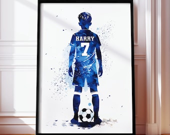 Póster de fútbol personalizado para dormitorio de niños, impresiones de arte de pared de fútbol, impresión de fútbol personalizada, decoración de fútbol para dormitorio, camiseta de fútbol