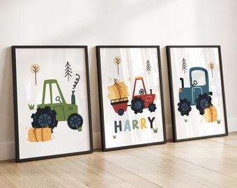 Juego de 3 impresiones de tractores para dormitorio de niños, impresiones de tractores, decoración de guardería para niños, arte de pared para habitación de niños pequeños, decoración personalizada para habitación de bebé niño