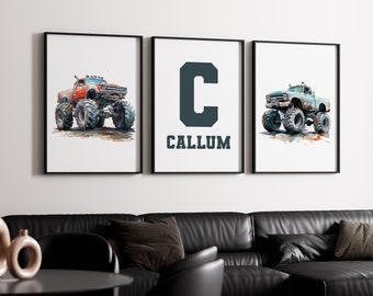 Arte de pared de Monster Truck, juego de 3 impresiones, nombre personalizado en acuarela, obra de arte imprimible, decoración de habitación de niños, regalo de cumpleaños, decoración de Monster Truck