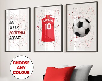 Set of 3 Football Wall Art Prints Personalised Football Prints Boys Bedroom Decor, Kids Bedroom Football Decor, Football Shirt Name Prints