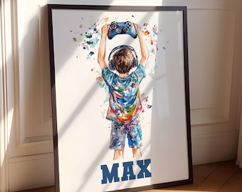 May include: A watercolour illustration of a boy wearing headphones and holding a video game controller above his head. The background is a colourful splatter of paint. The boy's name, "MAX", is written in blue letters at the bottom of the image.