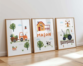 Set of 3 Tractor Prints for Boys Bedroom Personalised Tractor Prints Boy Nursery Decor Kids Room Wall Art Toddler Room Baby Boy Room Decor