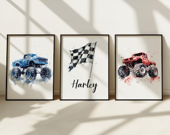 Monster Truck Poster Set Personalised Wall Art For Boys Bedroom Boys Nursery Prints Monster Truck Wall Art Truck Prints Boys Nursery Decor