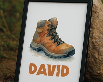 Impresión de arte mural de senderismo, póster personalizado de botas de senderismo en acuarela para hombre, cueva, regalos para excursionistas, regalos de senderismo para hombres, decoración de dormitorio de niños, arte mural