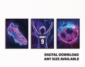 Personalised Football Prints, Digital Download Set of 3, Football Wall Art Prints, Boys Bedroom, Soccer Poster, Gift for Boys Bedroom
